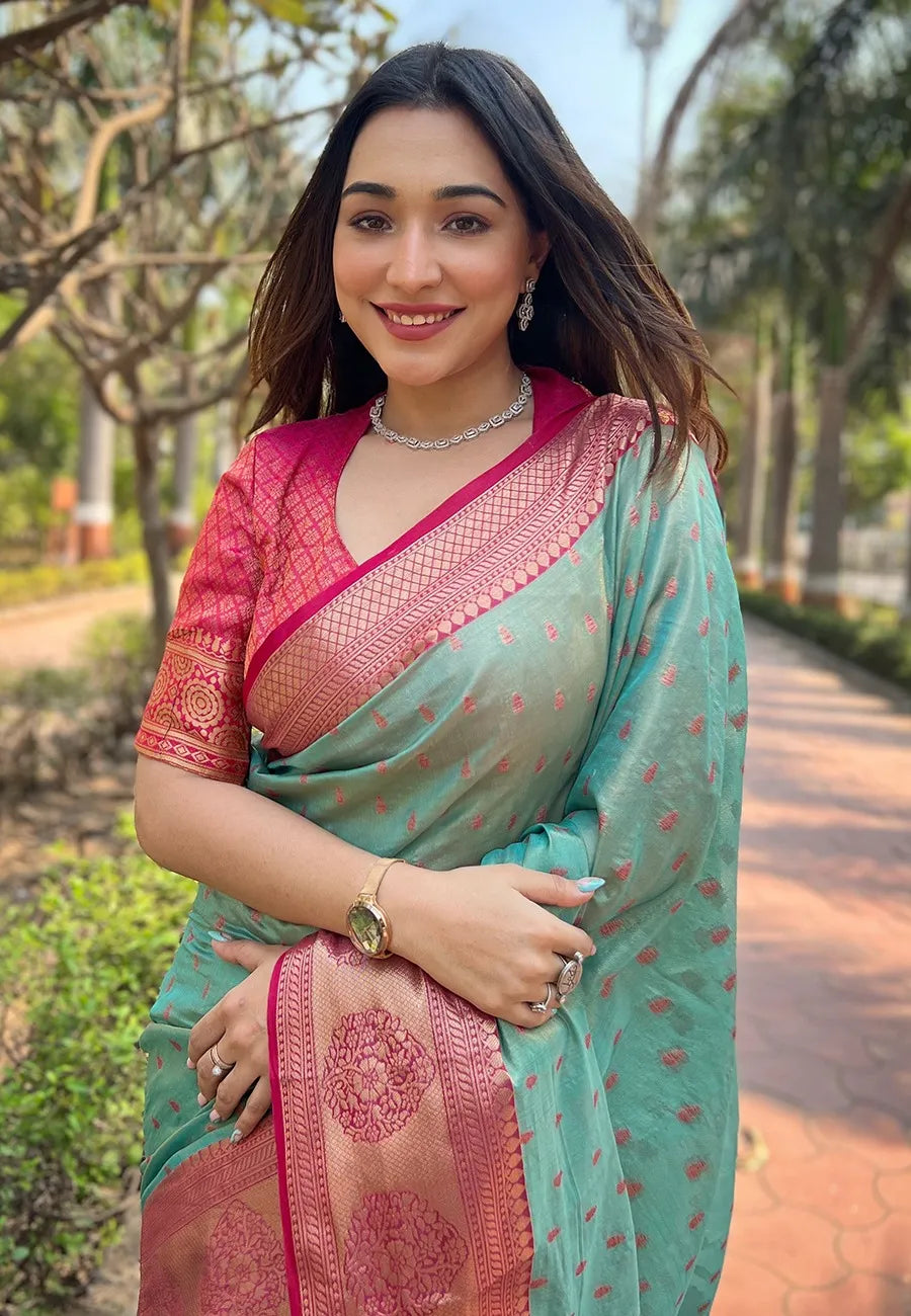 Budget Friendly Tissue Zari Woven Saree | Kanchipuram Pattu Traditional Saree (Peacock Green)